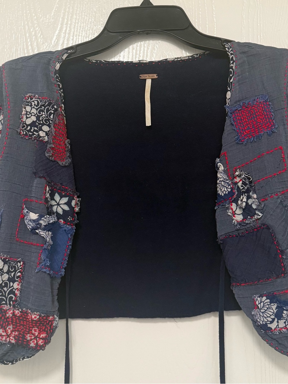 Free People Navy Cropped Patchwork Tie-Front Jacket